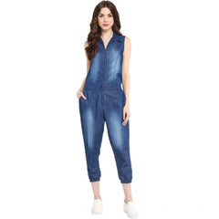 Mayawye Women's Denim Solid Sleeveless Jumpsuit (Blue)