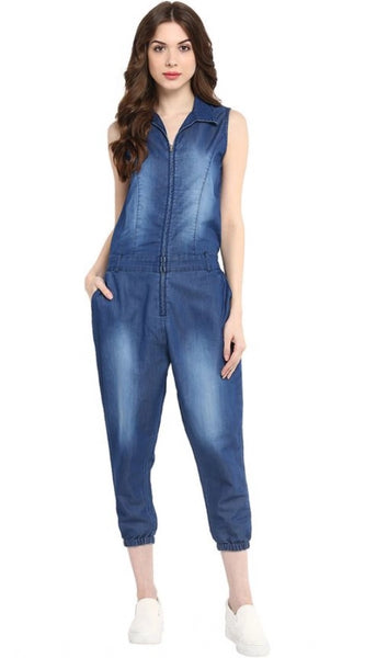 Mayawye Women's Denim Solid Sleeveless Jumpsuit (Blue)