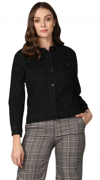 Mayawye Women's Denim Solid Long Sleeve Jacket (Black)