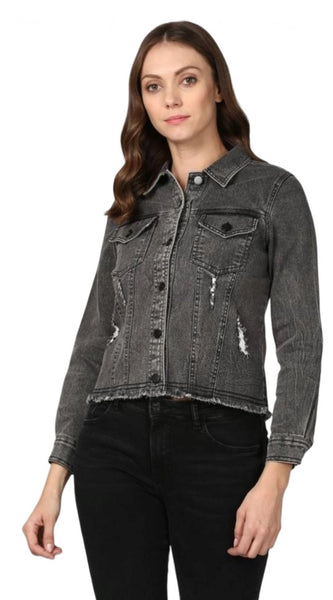 Mayawye Women's Denim Distressed Long Sleeve Jacket (Black)