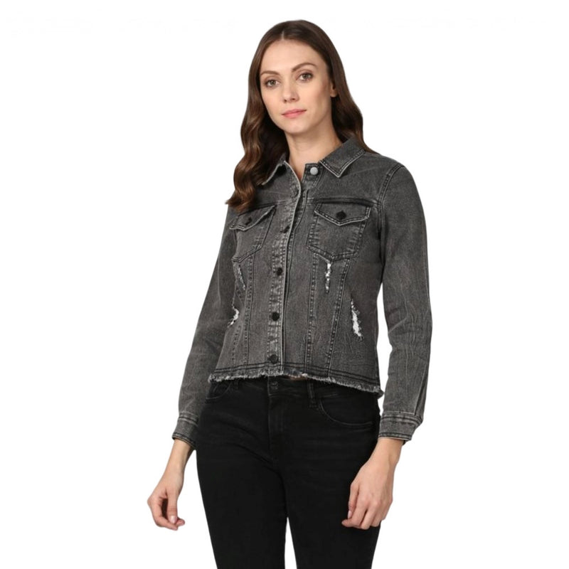Mayawye Women's Denim Distressed Long Sleeve Jacket (Black)