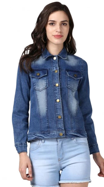 Mayawye Women's Denim Hand Painted Long Sleeve Jacket (Blue)