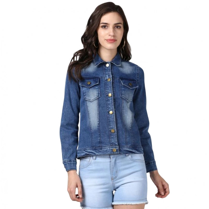 Mayawye Women's Denim Hand Painted Long Sleeve Jacket (Blue)