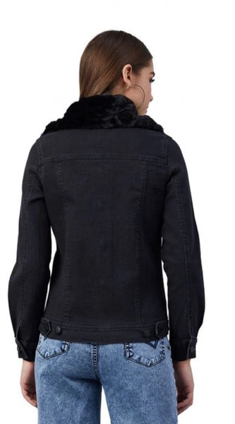 Mayawye Women's Denim & Faux Fur Washed Long Sleeve Jacket (Black)