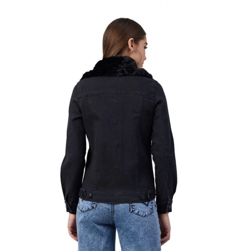 Mayawye Women's Denim & Faux Fur Washed Long Sleeve Jacket (Black)