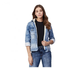 Mayawye Women's Denim Washed Long Sleeve Jacket (Blue)