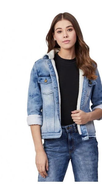 Mayawye Women's Denim Washed Long Sleeve Jacket (Blue)