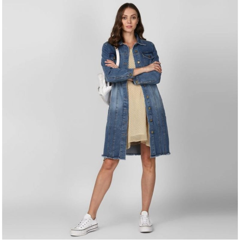 Mayawye Women's Denim Washed Long Sleeve Jacket (Blue)