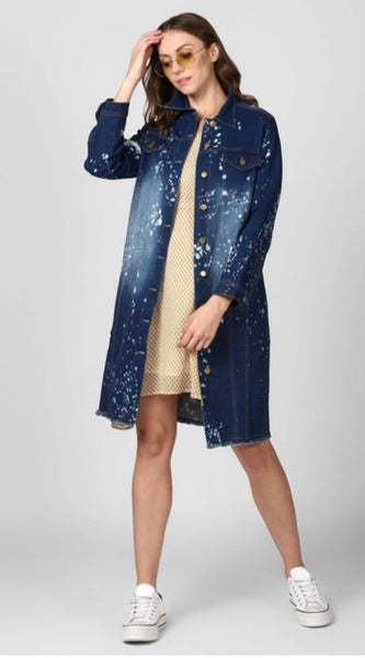 Mayawye Women's Denim Washed Long Sleeve Jacket (Blue)