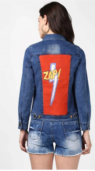 Mayawye Women's Denim Hand Painted Long Sleeve Jacket (Blue)