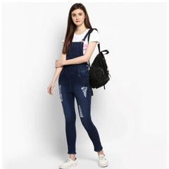 Mayawye Women's Denim Solid Dungaree Pant (Blue)