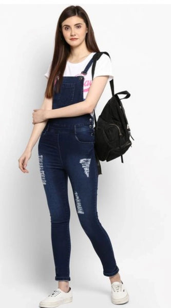 Mayawye Women's Denim Solid Dungaree Pant (Blue)