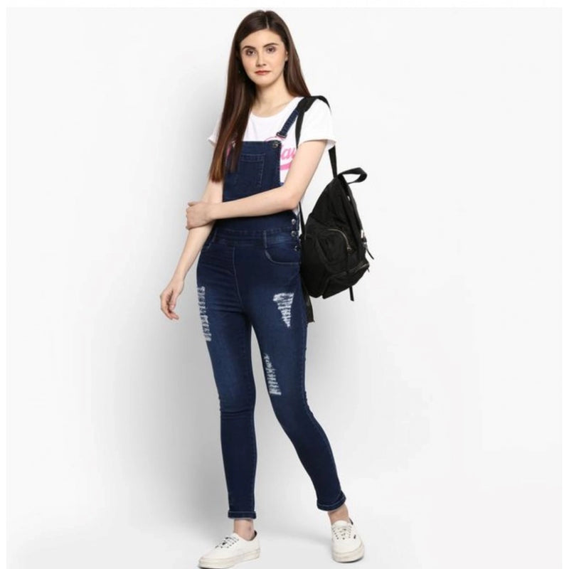 Mayawye Women's Denim Solid Dungaree Pant (Blue)
