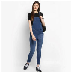 Mayawye Women's Denim Solid Dungaree Pant (Blue)