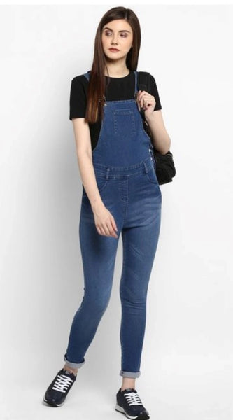 Mayawye Women's Denim Solid Dungaree Pant (Blue)