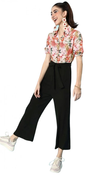 Mayawye Women's Polyester Printed 3/4th Sleeve Jumpsuit (Peach - Black)