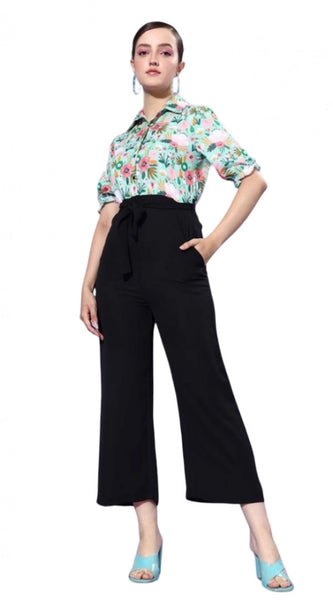 Mayawye Women's Polyester Printed 3/4th Sleeve Jumpsuit (Green - Black)
