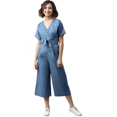 Mayawye Women's Denim Solid Half Sleeve Jumpsuit (Blue)