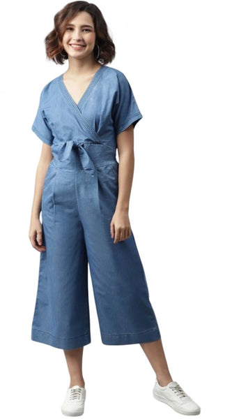 Mayawye Women's Denim Solid Half Sleeve Jumpsuit (Blue)