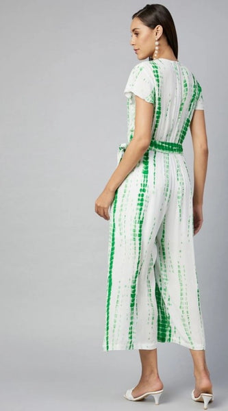 Mayawye Women's Rayon Striped Short Sleeve Jumpsuit (Green - White)