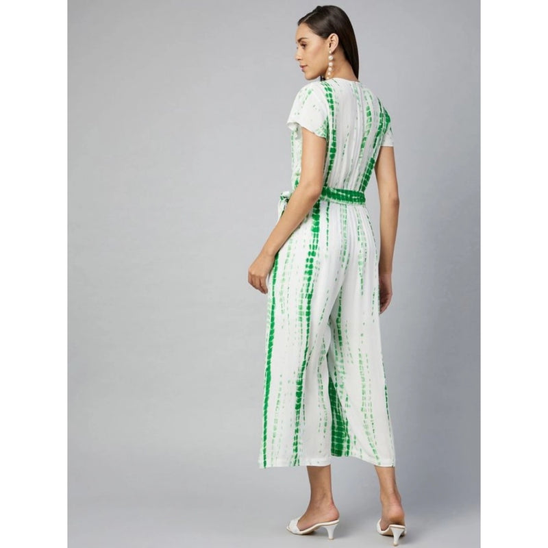 Mayawye Women's Rayon Striped Short Sleeve Jumpsuit (Green - White)