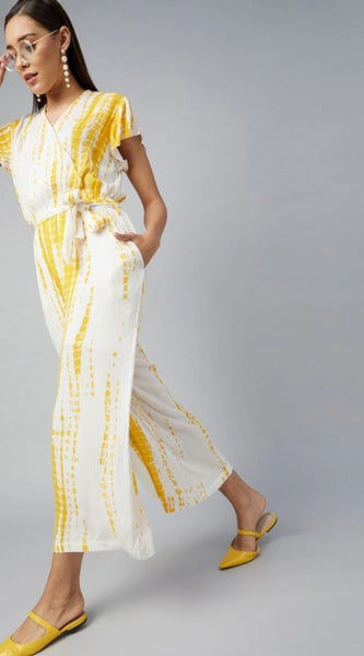 Mayawye Women's Rayon Striped Short Sleeve Jumpsuit (Yellow - White)