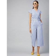 Mayawye Women's Cotton-Polyester Blend Striped Short Sleeve Jumpsuit (Blue)