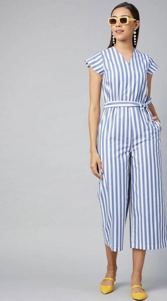 Mayawye Women's Cotton-Polyester Blend Striped Short Sleeve Jumpsuit (Blue)
