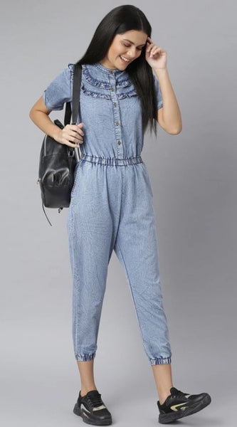 Mayawye Women's Denim Self Design Tie Ups Jumpsuit (Blue)