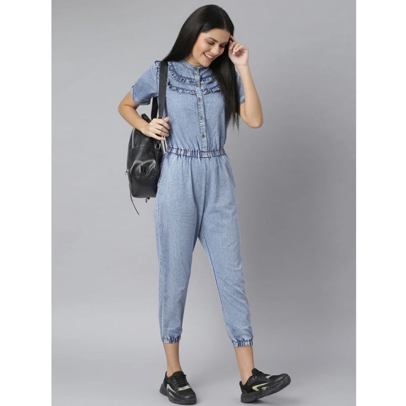 Mayawye Women's Denim Self Design Tie Ups Jumpsuit (Blue)