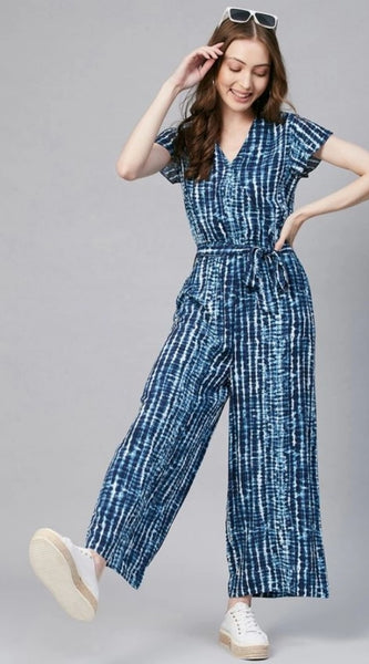 Mayawye Women's Rayon Tie & Dye Short Sleeve Jumpsuit (Blue)