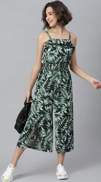 Mayawye Women's Polyester Printed Shoulder Straps Jumpsuit (Black - Green)