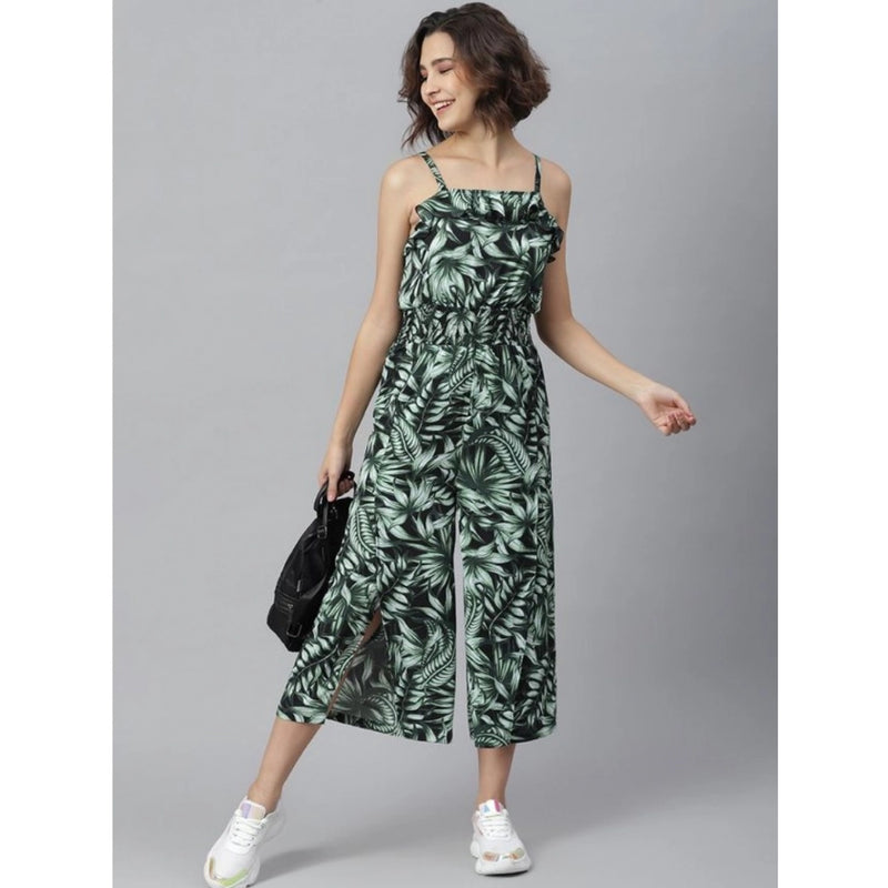 Mayawye Women's Polyester Printed Shoulder Straps Jumpsuit (Black - Green)