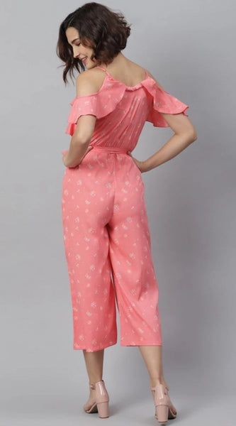 Mayawye Women's Polyester Floral Cold Shoulder Jumpsuit (Pink)