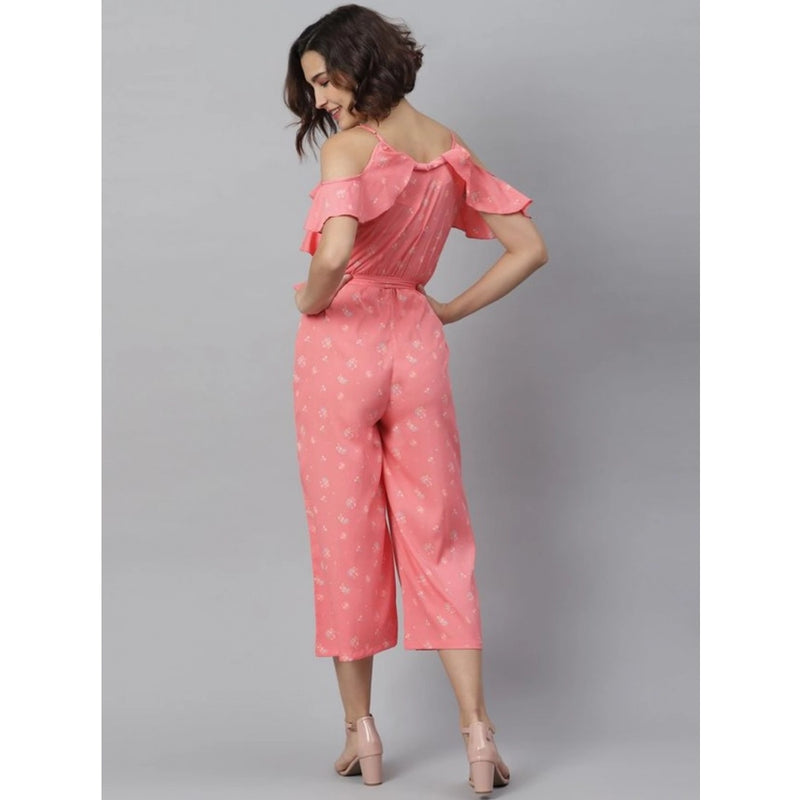 Mayawye Women's Polyester Floral Cold Shoulder Jumpsuit (Pink)
