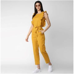 Mayawye Women's Cotton Linen Solid Sleeveless Jumpsuit (Yellow)
