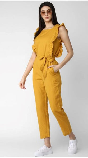 Mayawye Women's Cotton Linen Solid Sleeveless Jumpsuit (Yellow)