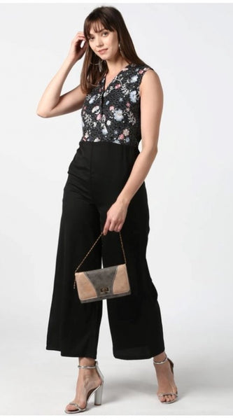 Mayawye Women's Polyester Embroidered Sleeveless Jumpsuit (Black)