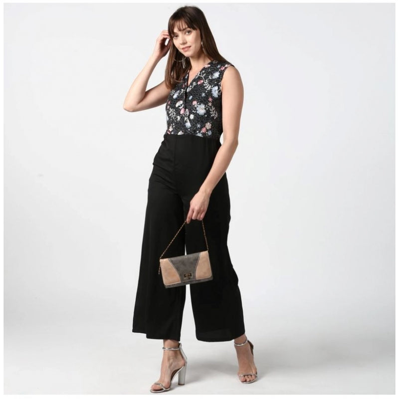 Mayawye Women's Polyester Embroidered Sleeveless Jumpsuit (Black)