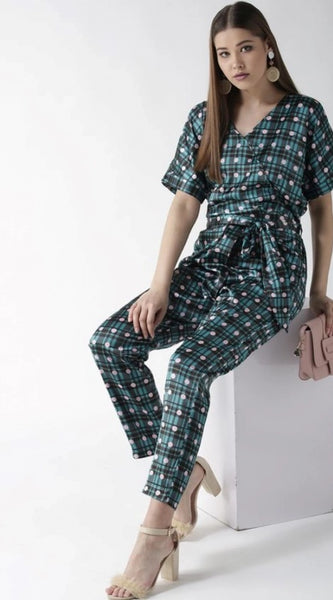 Mayawye Women's Polyester Polka Half Sleeve Jumpsuit (Green)