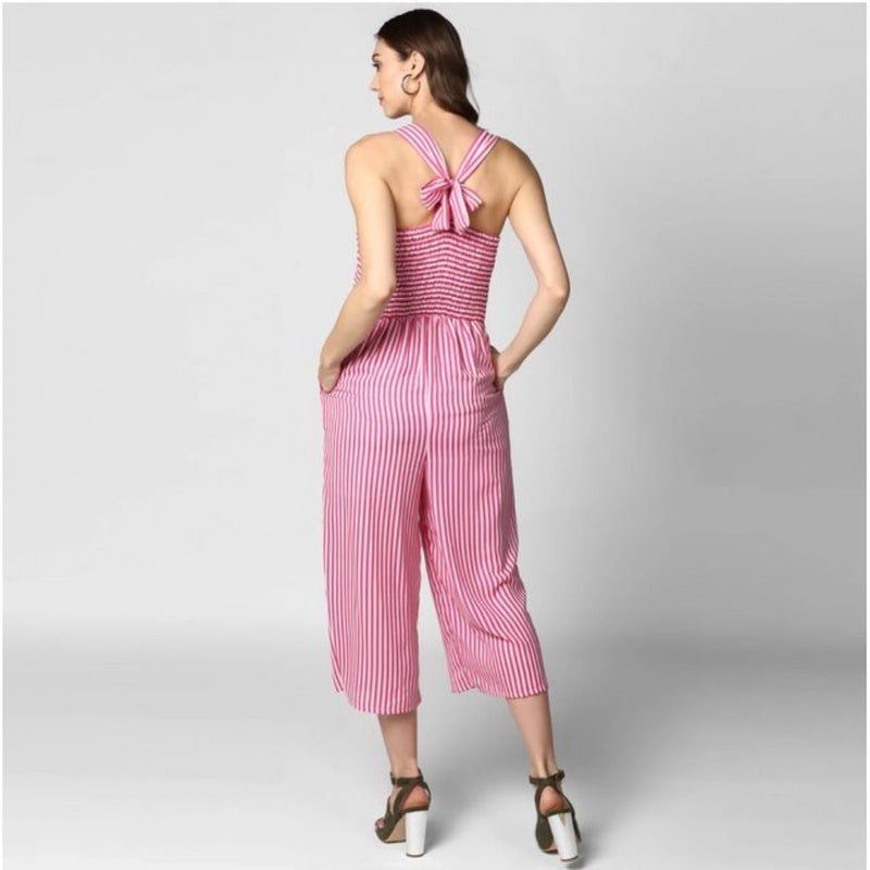 Mayawye Women's Polyester Striped Sleeveless Jumpsuit (Pink)