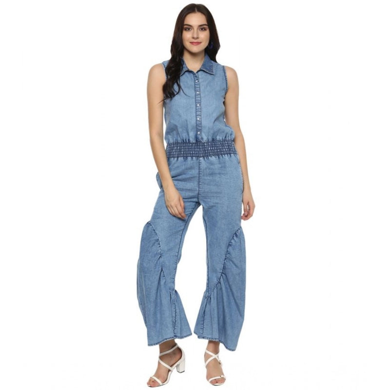 Mayawye Women's Denim Solid Sleeveless Jumpsuit (Blue)