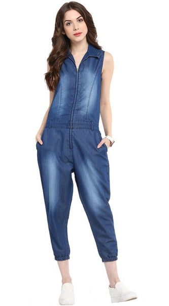 Mayawye Women's Denim Solid Sleeveless Jumpsuit (Blue)