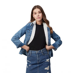 Mayawye Women's Denim Washed Long Sleeve Jacket (Blue)