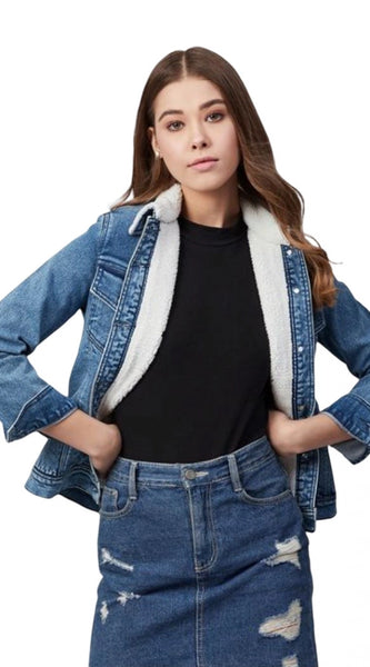 Mayawye Women's Denim Washed Long Sleeve Jacket (Blue)