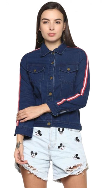 Mayawye Women's Denim Taping Long Sleeve Jacket (Blue)