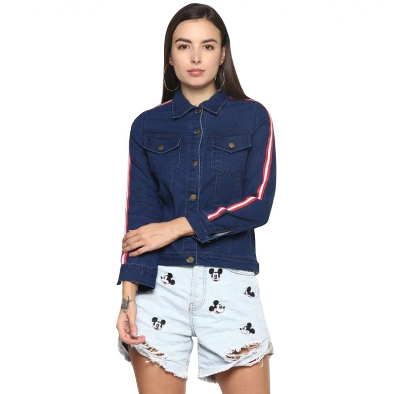 Mayawye Women's Denim Taping Long Sleeve Jacket (Blue)