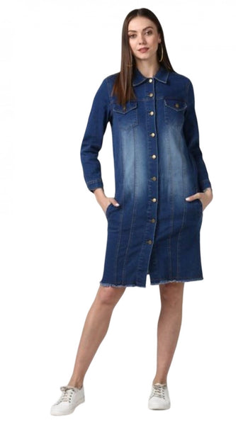 Mayawye Women's Denim Washed Long Sleeve Jacket (Navy Blue)