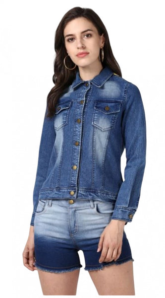 Mayawye Women's Denim Hand Painted Long Sleeve Jacket (Blue)
