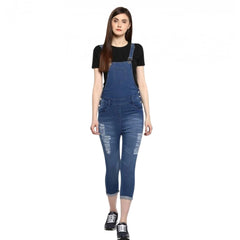Mayawye Women's Denim Solid Dungaree Pant (Blue)
